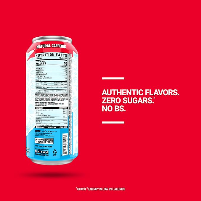 GHOST Energy Drink - 12-Pack 'Merica Pop 16oz Cans - Energy &amp Focus &amp No Artificial Colors - 200mg of Natural Caffeine L-Carnitine &amp Taurine - Gluten-Free &amp Vegan