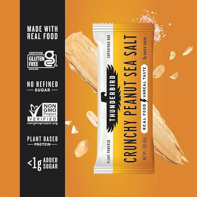Thunderbird Bars Energy Snack Gluten-Free with Protein Healthy Real Food Vegan Non-GMO No Added Sugar (12 Count 1.7 oz. Bars) (Crunchy Peanut Butter)