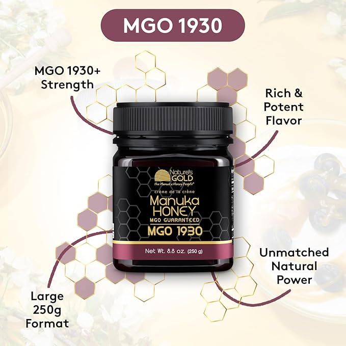 Nature’s Gold Raw Manuka Honey Certified High MGO | Authentic MGO 100% Pure Genuine Traceable Hive to Home | MGO 1930+ Flavor | 8.8 Ounce (Pack of 1) Size
