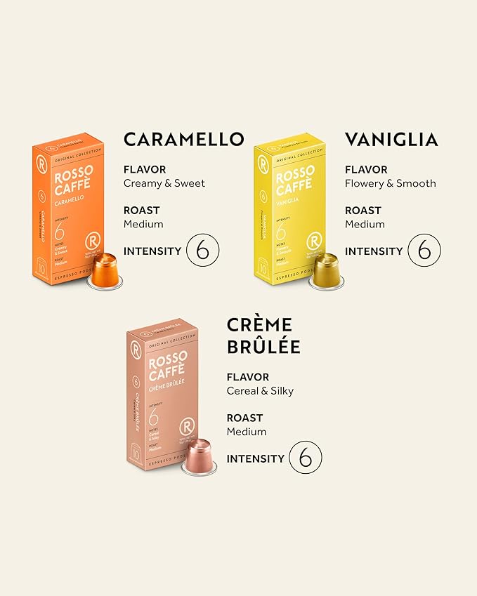 ROSSO CAFFÈ 60 Espresso Coffee Pods for Nespresso Original Machines - Pack of Premium Capsules 3 Rich and Balanced Flavors (Vanilla Crème Brulee Caramel)