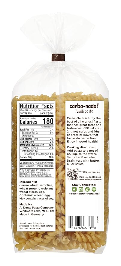 Al Dente Carba-Nada Egg Fusilli Lower Carb High Protein - Keto And Weight Watcher Diets-Friendly Artisanal Best Tasting Pasta Noodles Cage-Free Eggs And Non-GMO Ingredients 10oz (Pack Of 6)