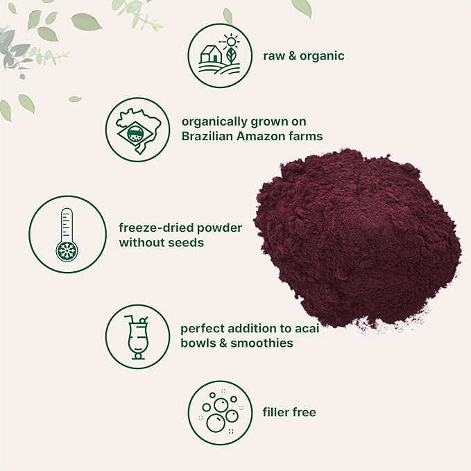 Organic Acai Powder 8oz | 100% Natural Fruit Powder | Freeze-Dried Brazilian Wildberry Source | No Sugar &amp Additives | Great Flavor for Drinks Smoothie &amp Beverages | Non-GMO &amp Vegan Fri