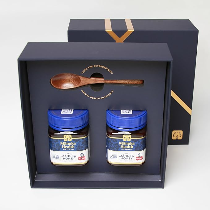 Manuka Health Holiday Gift Set Certified Raw Manuka Honey from New Zealand Includes UMF 20+/MGO 850+ 8.8oz Jar and UMF 13+/MGO 400+ 8.8 oz Jar with Wood Spoon