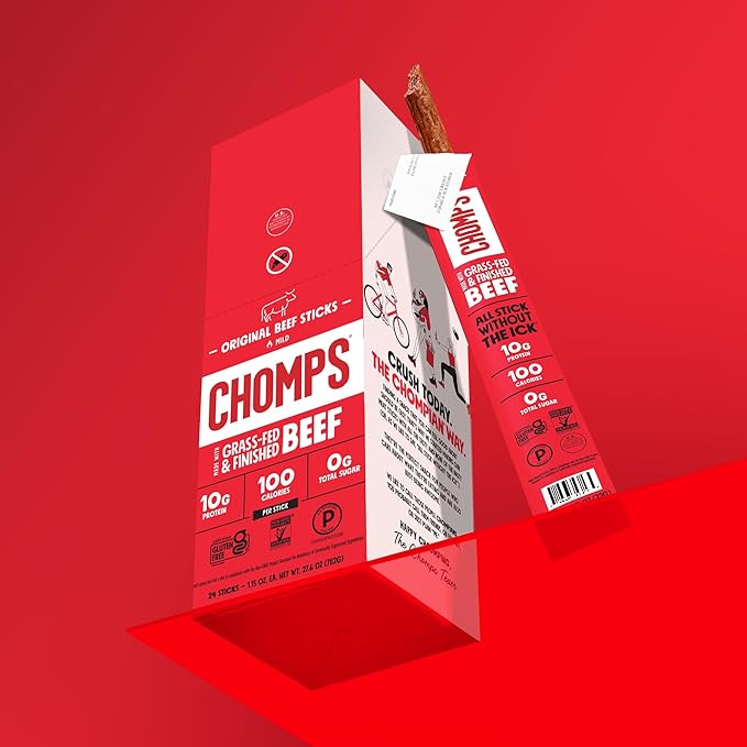 Chomps Grass-Fed and Finished Original Beef Jerky Snack Sticks 10-Pack - Keto Paleo Whole30 10g Lean Meat Protein Gluten-Free Zero Sugar Food Non-GMO