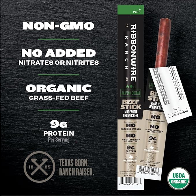 Ribbonwire Ranch Beef Sticks Made with Organic Beef Pasture Raised High Protein Snack Healthy Low Carb Keto Friendly Gluten Free Nitrate Free On the Go 1 Oz Sticks Jalapeno Cheddar 24 Pack