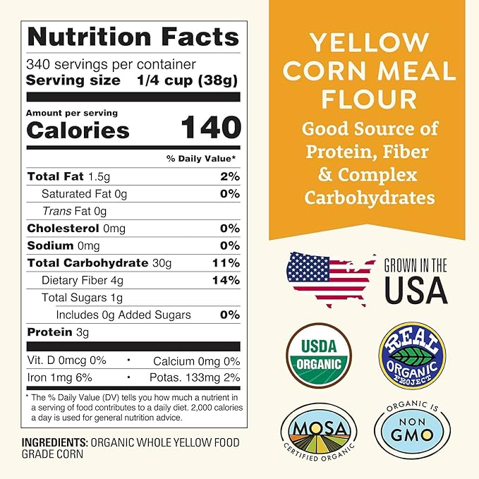 Organic Yellow Cornmeal 25 lb Fine Grind - Non-GMO Gluten-Free Sugar-Free Farmed From Regenerative Soil Vegan Grown In USA For Baking Cornbread Muffins Pancakes and More by Doudlah Farms