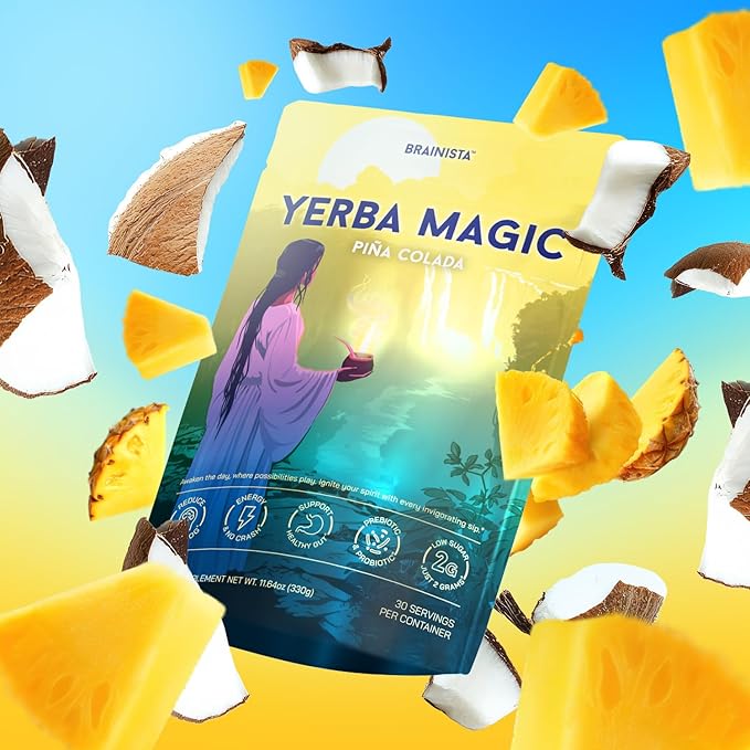 Yerba Magic – Yerba Mate Tea Instant Powder Super Drink with Nootropics Prebiotics &amp Probiotics – Clean Energy Mental Clarity &amp Gut Wellness | Low Sugar Natural Caffeine – Pina Colada 30 S
