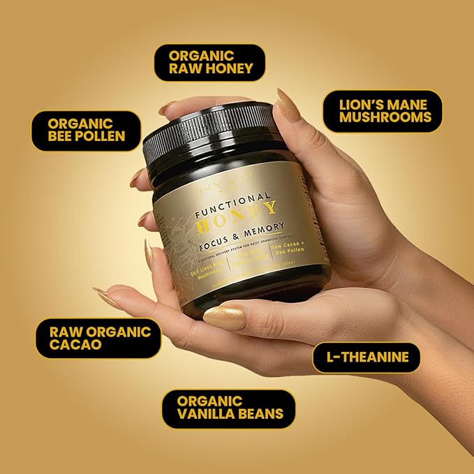 HYVE Mind Functional Organic Honey – Focus &amp Memory Honey with Lion's Mane Mushrooms Raw Cacao Bee Pollen &amp L-Theanine – Cognitive Support 8 Ounce Jar