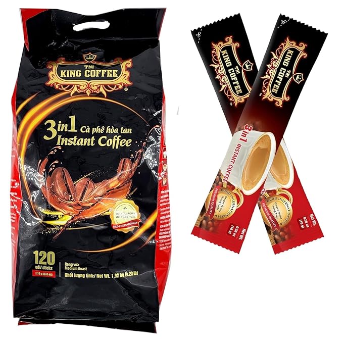 TNI King Coffee 3 in 1 Instant Vietnamese Coffee 120 Single Serve Packets - Individual Wrapped Pocket Size Sachet Sticks Cream Powder and Sugar - Bulk Size Pack
