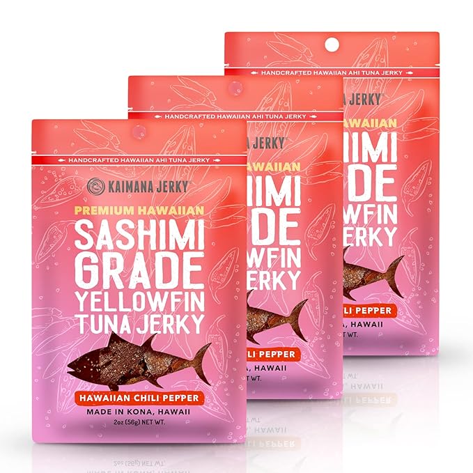 Kaimana Ahi Tuna Jerky Hawaiian Chili Pepper - Soft and Tasty - Premium Fish Jerky Made in the USA. High in Omega 3's All Natural and Wild Caught - 2 Ounce (Pack of 3)