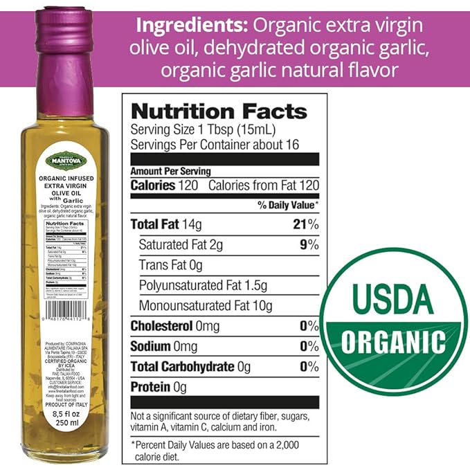 Mantova USDA Organic Garlic Extra Virgin Olive Oil (EVOO) Cold-Pressed Imported from Italy. Perfect for salad dressing vegetables pasta salad dipping Italian bread or pan frying 8.5 ounce