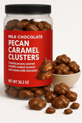 Milk Chocolate Pecan Caramel Clusters 30.2 Oz Resealable Jar Small Batch Kettle-Cooked Candy Perfect for Snacking and Gifting