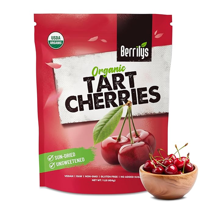 Berrilys Organic Unsweetened Dried Tart Cherries 1 lb (16 oz) - No Sugar Added Perfect for Baking Snacking &amp Salads - Unsweetened - Non-GMO Vegan Cherries for Healthy Living