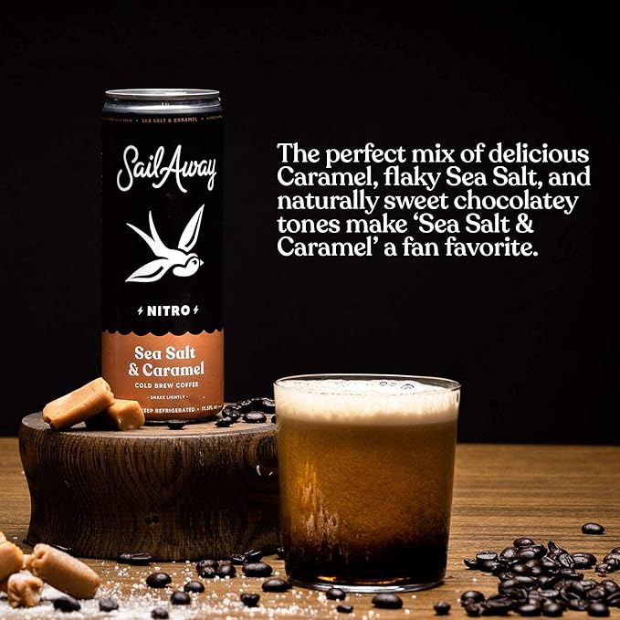 Sail Away Coffee Nitro Cold Brew Coffee Cans - Less Acidic Coffee Beverages | Draft Nitrogen Pour 220mg Caffeine Gluten Free Organic Keto Sea Salt &amp Caramel 6 Pack