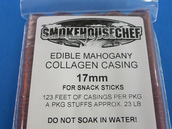 2 PACKS of 17 mm snack stick casings. Edible. 10 strands total. Collagen casings for 42 lbs of snack sticks. Easy to use. No soaking needed. Finished diameter of approx 5/8. Requires slim 3/8 tube