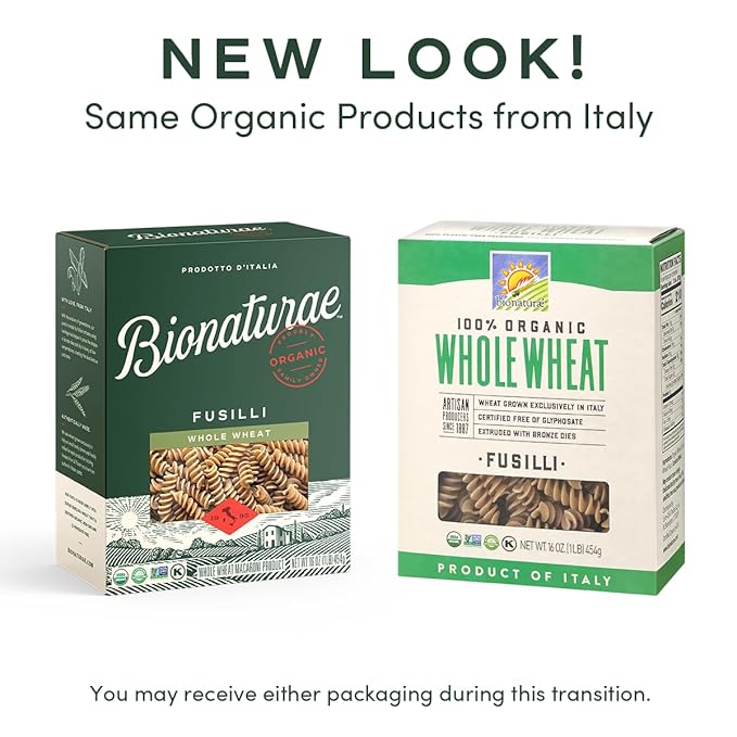 Bionaturae Fusilli Pasta Noodles - Whole Wheat Pasta Kosher Certified High Protein Non-GMO Verified USDA Certified Whole Wheat Fusilli Fusilli Pasta Organic Crafted in Italy - 16 Oz