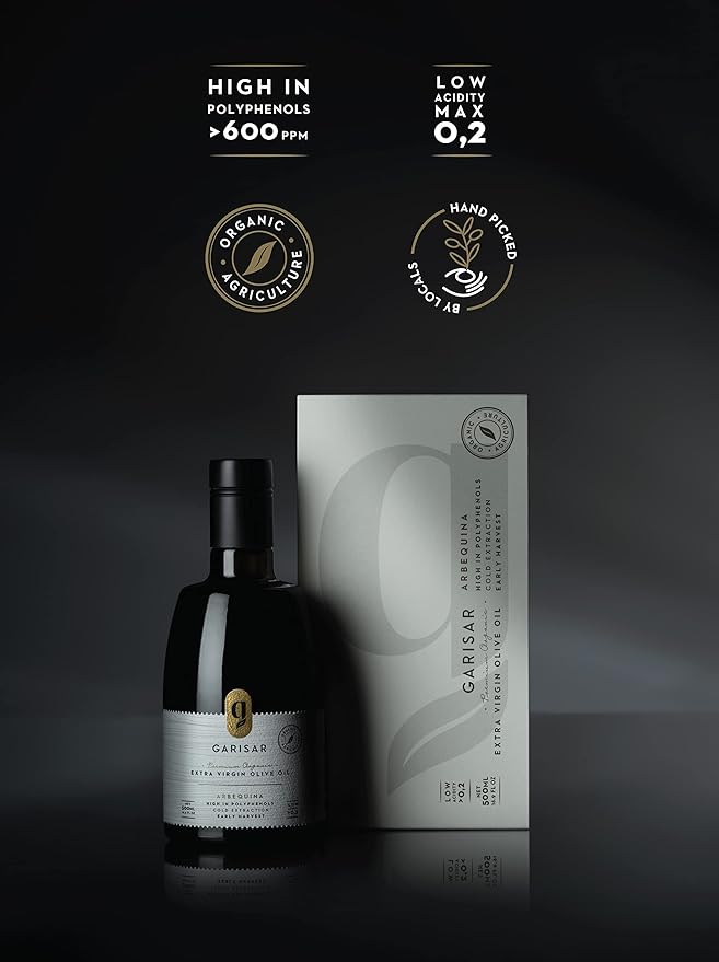 Garisar High In Polyphenol Premium Extra Virgin Olive Oil (&gt600 ppm) Low Acidity (Max 0.2%) NYIOOC 2025 Gold Medal Winner Organic Agriculture Hand Picked Cold Pressed 100% Arbequina - Pack of
