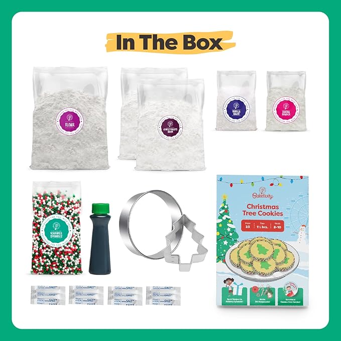 Baketivity Christmas Tree Cookies - DIY Baking Kit for Kids - Fun Little Junior Chef Essential Kitchen Lessons Includes Pre-Measured Ingredients