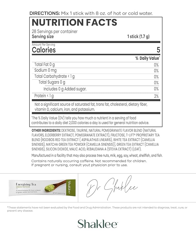 Shaklee Energizing Tea Green Matcha Flavor - Antioxidant-Rich Blend of Green Matcha White and Red Teas for Gentle Energy Lift - Energy Boost On-the-Go Packets - Hot or Cold - 28 Servings