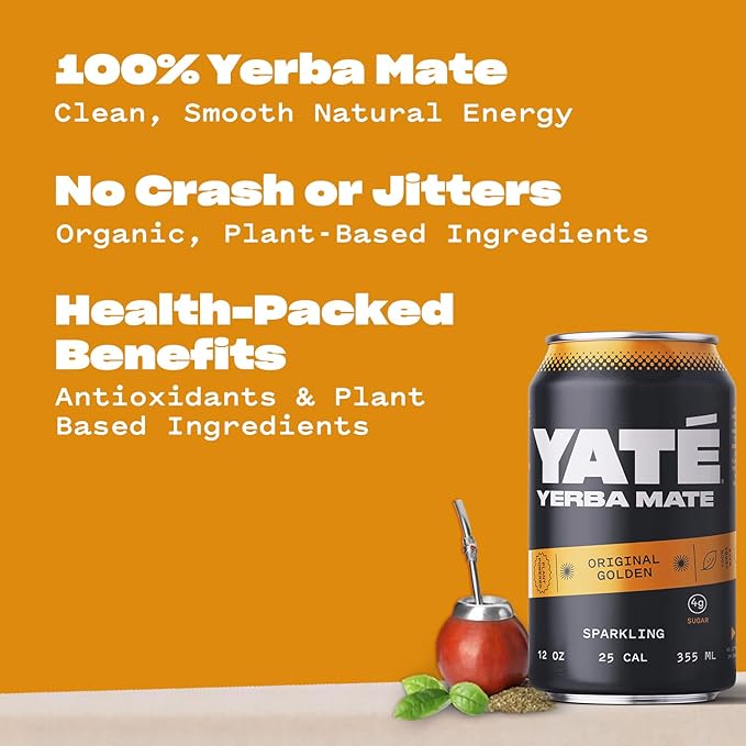 Yate Sparkling Yerba Mate - Original Golden Organic Yerba Mate Drink with Low Sugar &amp 25 Calories for Daily Energy - A Smooth Healthy Energy Drink with Antioxidants &amp Plant-Based Ingredients-