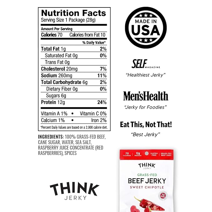 Think Jerky Sweet Chipotle Beef Jerky Grass-Fed High Protein Beef Gluten Free No Antibiotics or Nitrates Healthy Chef Crafted Recipe Low Calorie and Low Fat - 1.0 oz Bags 8 Pack