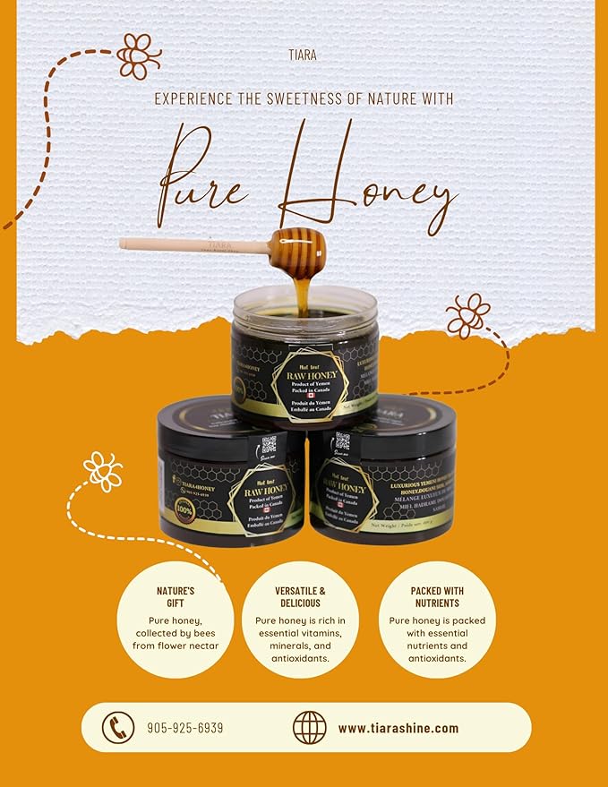 TIARA Yemeni Honey Blend – Samār Hadrami &amp Douani Sidr – 100% Raw Pure &amp Natural CFIA Certified Unpasteurized Packed in Canada Premium Quality – 14 Fl Oz 400g + Free Honey Dipper Gift
