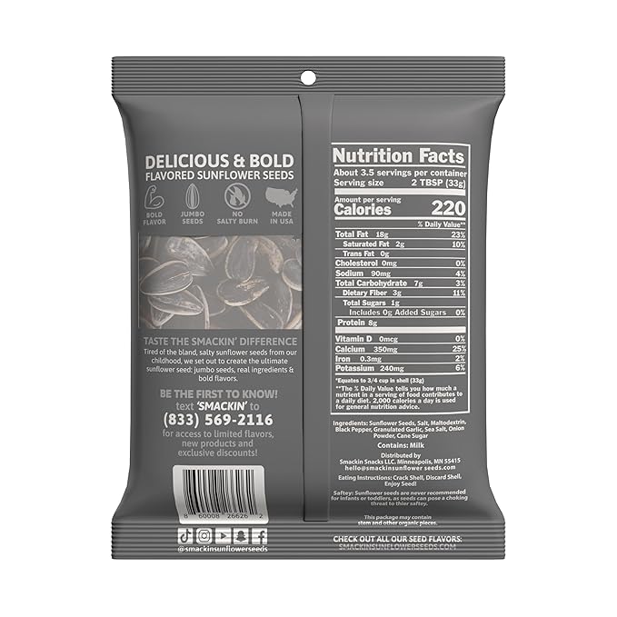 SMACKIN' - Jumbo Roasted Sunflower Seeds No Salty Burn American Made Easy Pour &amp Seal - Cracked Pepper 4oz bag (12 Bags)