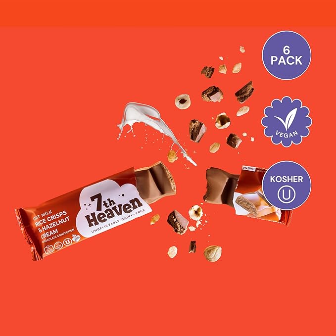 7th Heaven Vegan Oat Milk Chocolate Snack Bars: Rice Crisps and Hazelnut Cream - (1.6 oz - 6 Pack) Healthy Chocolate Perfect Valentines Gift For Your Loved Ones 100% Dairy Free Non GMO Kosher Pa