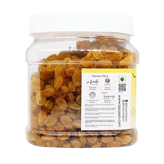 Tassyam Golden Raisins Healthy Juicy Hand-Sorted Jumbo Indian Kishmish Jar 700g