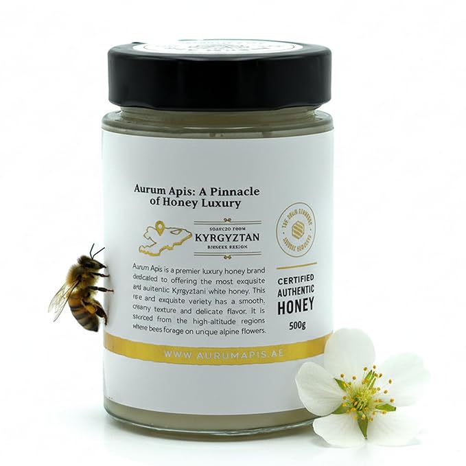 Aurum Apis Raw Kyrgyzstani White Honey 100% Raw &amp Unfiltered Pure Honey Hand Harvested Organic Honey Non-GMO Unprocessed Thick Honey with Creamy Texture Delicate Flavor &amp Aroma – 500g Hon