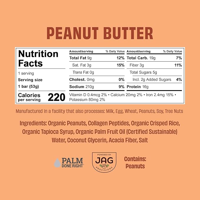 JUSTNOSH Peanut Butter Collagen Protein Bars – 16g Protein 10g Collagen | Gluten &amp Dairy Free Low FODMAP Seed Oil Free (12 Pack)