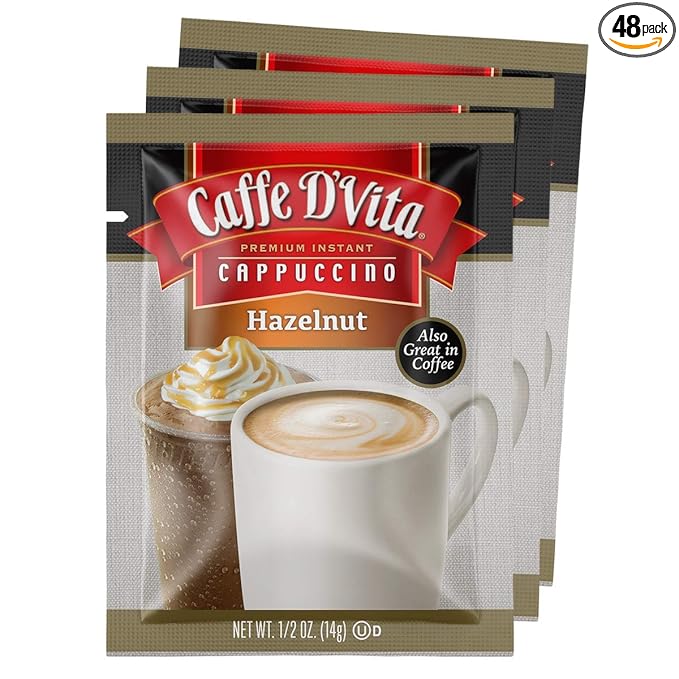 Caffe D'Vita Hazelnut Cappuccino Mix - Instant Coffee Mix No Cholesterol &amp Trans Fat 99% Caffeine Free Gluten Free - Envelopes 0.5 Oz (Pack of 48)