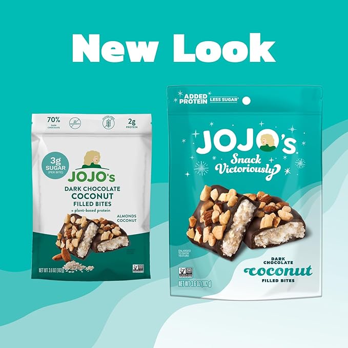 JOJO's Dark Chocolate Coconut Filled Bites with Almonds 3.6oz (4 count) Gluten-Free Non-GMO Vegan Lactose Free More Protein Less Sugar