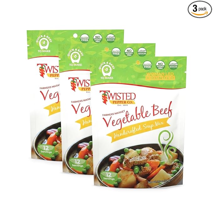 Twisted Pepper Co. Vegetable Beef Soup Mix: Gluten-Free - Handcrafted Broth‑Style Soup - Low Sodium No Added MSG | Quick &amp Easy Meal Ready in 30 Minutes Serves 12 | Add Vegetables Sausage &amp