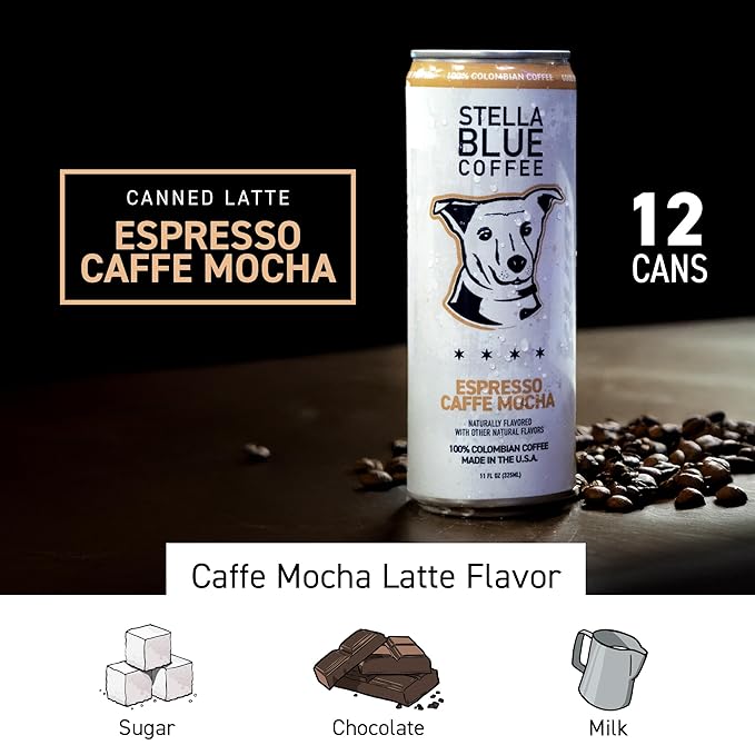 Stella Blue Espresso Caffe Mocha Cans Ready-to-Drink Coffee Energy Beverage 100% Colombian Coffee 190mg Natural Caffeine Gluten Free &amp Good Source of Protein 11oz Can 12 Pack