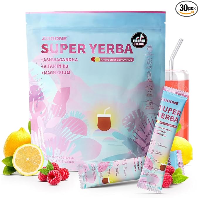 ZOOONE Super Yerba Mate tea Instant Powder 30 Packets- Raspberry Lemonade Flavor | Servings Clean Energy &amp Focus Boost Brain Fog Buster| Gut Support Antioxidants