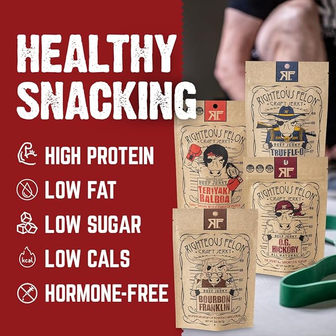 Righteous Felon Beef Jerky | All-Natural High Protein Jerky Snack Pack - Great Gifts for Men - Locally Sourced &amp Dried Beef Jerky - Low-Sugar Keto Gluten-Free Healthy Jerky Snacks - Savory 4 Pa