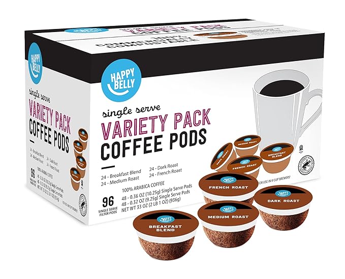 Amazon Brand - Happy Belly Variety Pack Compostable Coffee Pods Compatible with K-Cup Brewer (Breakfast Blend Dark/ Medium/ French Roast) 96 count (Pack of 1)
