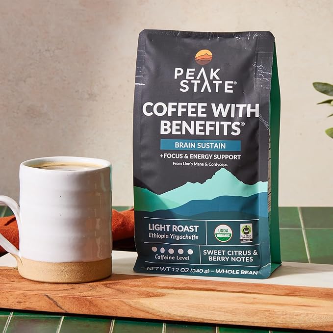 Peak State Brain Sustain Coffee with Benefits Light Roast – Mushroom Coffee Low Acid &amp Smooth Sweet Citrus &amp Lemon Organic Whole Bean Gluten Free 12 oz. Each