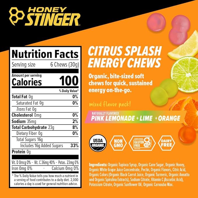 Honey Stinger Organic Citrus Splash Energy Chews Gluten Free &amp Caffeine Free for Exercise Running and Performance Sports Nutrition for Home &amp Gym Pre and Mid Workout 21.6 Ounces (Pack of