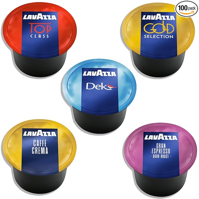 Lavazza Blue Coffee Capsules Variety Pack – 100 Count (20 Pods Each) – Includes Top Class Caffè Crema Decaf Dek Gran Espresso &amp Gold Selection – Compatible with Lavazza LB Espresso Machines – P