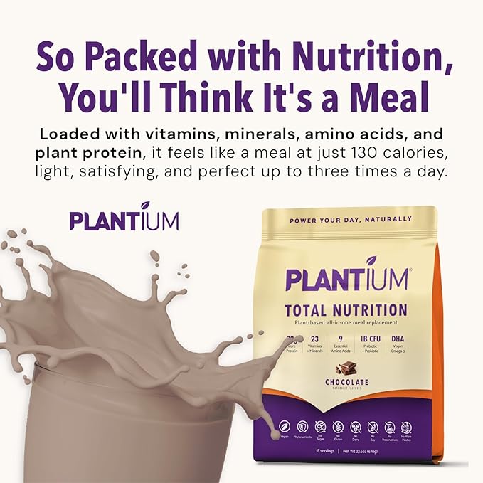 Plantium Total Nutrition Premium All-In-One Meal Replacement Shake Plant-Based Protein Powder with Vitamins Minerals &amp Probiotics 22g Protein per Serving Chocolate