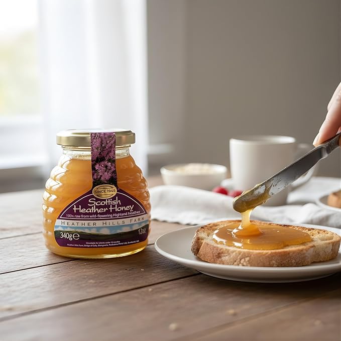 Heather Hills Farm Raw Scottish Heather Honey Jar 340g (12oz) - Highland Wild-flowering Purple Ling Heather Artisanal Pure Natural Honey Traditional British Food Gift &amp Spread Made in Scotland