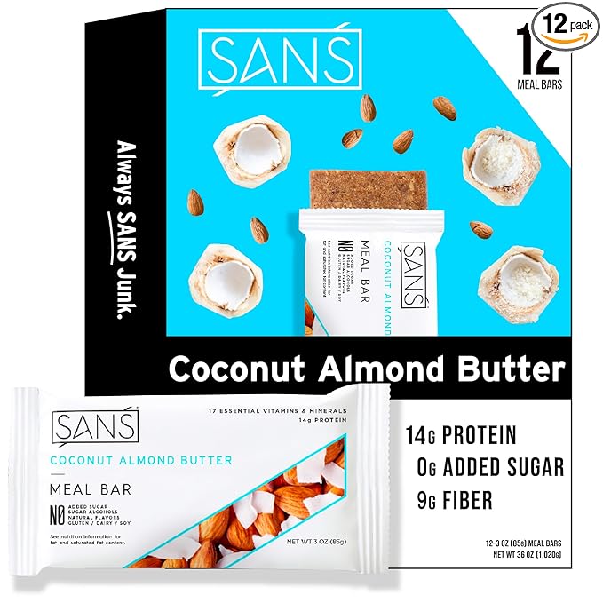 SANS Meal Replacement Protein Bar Gluten Free Healthy High Protein Snacks High Fiber No Sugar Added Dairy Free Soy Free Coconut Almond Butter 12 Bars