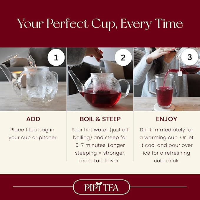 PiPi Tea Organic Hibiscus Tea Bags – Caffeine Free Herbal Tea Rich in Antioxidants Non-GMO &amp Vegan Sourced from Premium Hibiscus Flowers for Daily Wellness &amp Heart Health Support 60g