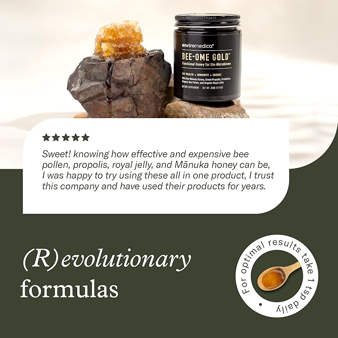 Bee-Ome Gold by Enviromedica - Unpasteurized Raw Manuka Honey with Probiotics Royal Jelly Bee Pollen &amp Propolis Functional Superfood Honey 7.4oz