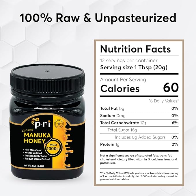 P.R.I Manuka Honey MGO 1000+ Ultra‑Potent Monofloral New Zealand Honey Rare Limited‑Harvest Cool‑Processed &amp QR‑Traceable (250g/8.8oz)