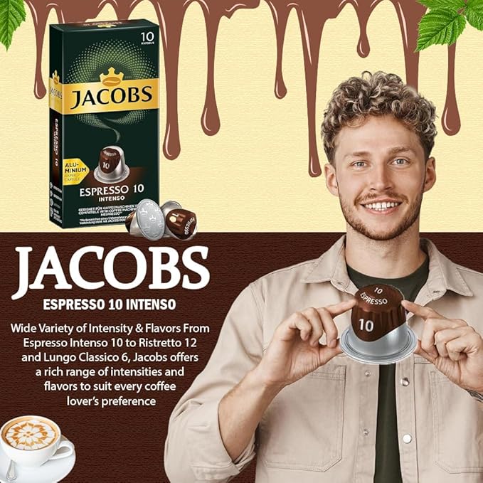 Jacobs Espresso 10 Intense 10x10 CAPSULES Coffee Capsules Compatible with (057 USD/1 CAP)