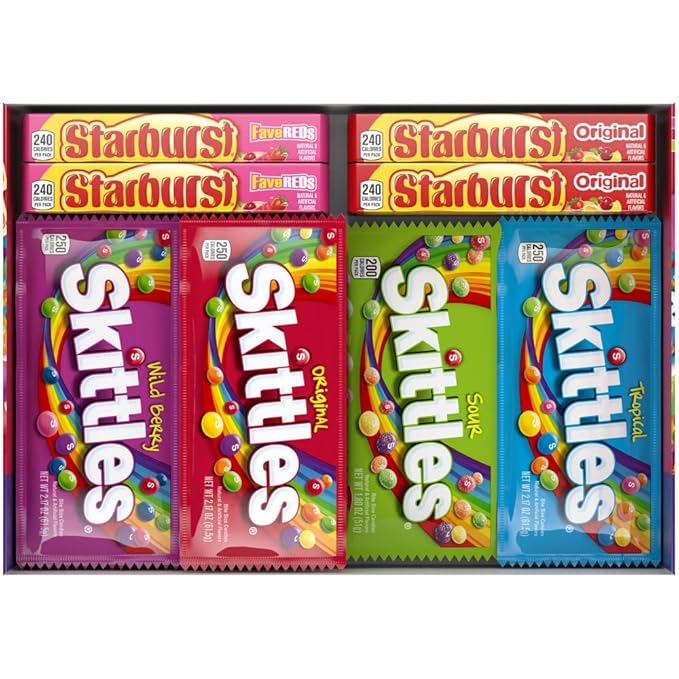 STARBURST Original &amp FaveRed and SKITTLES Original Wild Berry Sour and Tropical Chewy Candy Full Size Travel Essentials Variety Pack 30 Count Bulk Box
