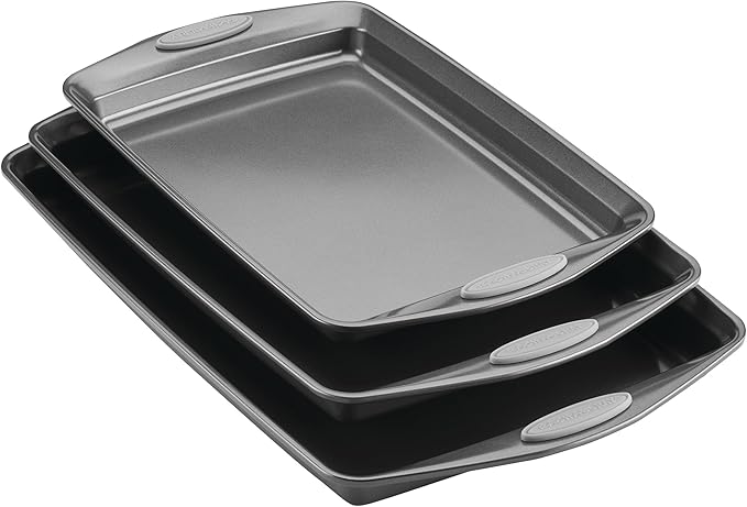 Rachael Ray Nonstick Bakeware Set with Grips Nonstick Cookie Sheets / Baking Sheets - 3 Piece Gray with Sea Salt Gray Grips